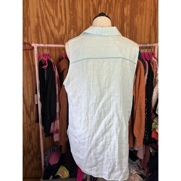 Chico's Turquoise NO Iron Striped LINEN Sleeveless Blouse Sz 3 (L) Buttons - Picture 6 of 8